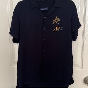 Black short sleeve button-up with palm tree embroidery 🌴